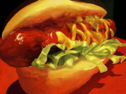 Rule 34 | bread, food, food focus, hot dog, hot dog bun, ketchup, lettuce, mustard, no humans, obatti47, original, sausage, shadow, table