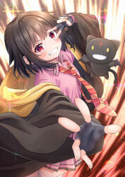 Rule 34 | 1girl, absurdres, bandaged leg, bandages, bat wings, black cat, black cloak, black gloves, blush, bob cut, breasts, brown hair, cat, chomusuke, cloak, commentary, cowboy shot, daichi (hayate1328), diagonal-striped clothes, diagonal-striped necktie, dress, fingerless gloves, foreshortening, from above, gloves, grin, highres, jumping, kono subarashii sekai ni bakuen wo!, kono subarashii sekai ni shukufuku wo!, long sleeves, looking at viewer, looking up, loose necktie, magic, megumin, necktie, orange necktie, pink dress, reaching, reaching towards viewer, red eyes, red necktie, red prison magic school uniform, red pupils, school uniform, sharp teeth, short hair, small breasts, smile, solo, sparkle, spread fingers, striped clothes, teeth, v, v-shaped eyebrows, v over eye, wide sleeves, wings, yellow eyes