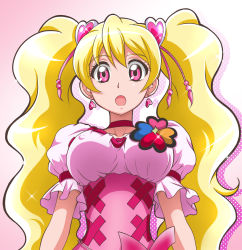 Rule 34 | 00s, 1girl, :o, blonde hair, breasts, brooch, choker, corset, cure peach, earrings, covered erect nipples, fresh precure!, hair ornament, hanzou, heart, heart earrings, heart hair ornament, jewelry, long hair, looking at viewer, magical girl, medium breasts, meme attire, momozono love, pink eyes, precure, puffy sleeves, solo, twintails, upper body