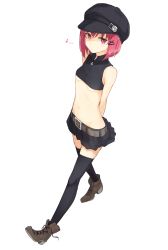 Rule 34 | 1girl, ariaria (netsuki), back, bare arms, bare shoulders, belt, black thighhighs, breasts, cabbie hat, crop top, hat, highres, looking at viewer, lowleg, miniskirt, miruto netsuki, musical note, navel, no bra, original, quaver, red eyes, red hair, skirt, small breasts, solo, thighhighs, thighs, underboob, zettai ryouiki