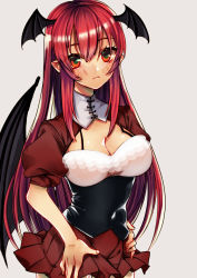 Rule 34 | 1girl, bat wings, black wings, breasts, cleavage, head wings, koakuma, large breasts, long hair, looking at viewer, pointy ears, puffy sleeves, red eyes, red hair, short sleeves, skirt, solo, tomo asa (confetto-o), touhou, wings