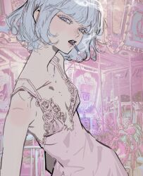 Rule 34 | 1girl, bare shoulders, blunt bangs, bob cut, breasts, camisole, cigarette, cleavage, collarbone, dress, eyelashes, from side, grey eyes, grey hair, highres, lace, lace trim, lingerie, lips, long eyelashes, looking at viewer, makeup, mouth hold, nanase miri, nightgown, open mouth, original, photo background, pink background, pink dress, pink lips, short hair, sketch, sleeveless, small breasts, smoke, smoking, solo, spaghetti strap, teeth, underwear