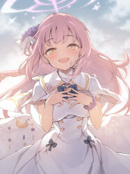 Rule 34 | 1girl, backlighting, blue archive, blush, bow, breasts, capelet, cloud, cloudy sky, commentary, crescent, crescent moon, crescent pin, dress, dress bow, feathered wings, floating hair, flower, hair flower, hair ornament, halo, hands on own breasts, hands on own chest, highres, large breasts, long hair, looking at viewer, low wings, mika (blue archive), miya kazutomo, moon, open mouth, pink hair, pink halo, purple flower, purple scrunchie, sailor collar, scrunchie, sky, smile, solo, upper body, very long hair, white capelet, white dress, white sailor collar, white wings, wind, wind lift, wing ornament, wings, wrist scrunchie, yellow eyes