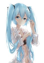 Rule 34 | 1girl, absurdres, backlighting, black bra, blue eyes, blue hair, blush, bra, collarbone, covering privates, covering breasts, furrowed brow, hair tie, hands up, hatsune miku, highres, holding, holding hair, lace, lace-trimmed bra, lace trim, light blush, long hair, looking at viewer, navel, open clothes, open shirt, see-through, shirt, solo, twintails, underwear, upper body, very long hair, vocaloid, water drop, wet, wet clothes, wet shirt, white background, white shirt, yanji2000