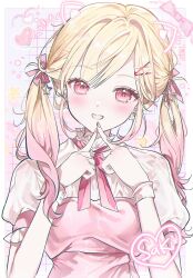 Rule 34 | 0202ase, 1girl, absurdres, blonde hair, earrings, gradient hair, grin, hair ribbon, highres, index finger raised, jewelry, looking at viewer, multicolored hair, neck ribbon, pink eyes, pink hair, pink ribbon, project sekai, puffy short sleeves, puffy sleeves, ribbon, shirt, short sleeves, smile, solo, tenma saki, twintails, upper body, white shirt