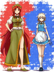 Rule 34 | 2girls, alternate hair color, blue eyes, braid, chinese clothes, female focus, flat chest, hand on own hip, hat, height difference, hong meiling, izayoi sakuya, knife, long hair, maid, maid headdress, multiple girls, red eyes, red hair, shibasaki shouji, short hair, silver hair, smile, throwing knife, touhou, twin braids, very long hair, weapon