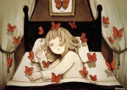 Rule 34 | 1girl, artist name, bug, butterfly, commentary, curtains, english commentary, half-closed eyes, highres, insect, kapura, light brown hair, long sleeves, looking at viewer, lying, original, pillow, red butterfly, shadow, shirt, signature, solo, under covers, white shirt