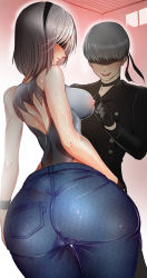 Rule 34 | 1boy, 1girl, absurdres, ass, black hairband, blindfold, blush, breasts, cameltoe, covered erect nipples, denim, formal, from behind, gloves, hairband, highres, huge ass, jeans, large breasts, leotard, nier (series), nier:automata, pants, seinen hormone, shiny skin, short hair, sideboob, skin tight, smile, suit, sweat, white hair, 2b (nier:automata), 9s (nier:automata)