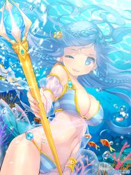 Rule 34 | 1girl, ;d, air bubble, bikini, blue bikini, blue hair, blush, braid, breasts, bubble, coral, detached sleeves, earrings, ebisque, fish, floating hair, french braid, hair ornament, holding, holding staff, jewelry, long hair, looking at viewer, medium breasts, navel, no pupils, official art, one eye closed, open mouth, puffy short sleeves, puffy sleeves, shell, shell earrings, short sleeves, smile, solo, staff, star (symbol), star hair ornament, striped bikini, striped clothes, swimsuit, underwater, valhalla valkyries, veil, very long hair, watermark