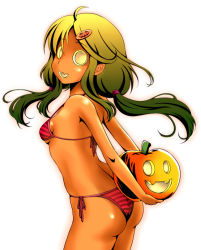 Rule 34 | 1girl, :d, ahoge, ao usagi, arched back, arms behind back, ass, bikini, colored skin, dark-skinned female, dark skin, fang, from behind, glowing, green hair, hair ornament, hairclip, halloween, holding, jack-o&#039;-lantern, long hair, looking back, no eyes, open mouth, orange skin, original, personification, side-tie bikini bottom, simple background, smile, smiley face, solo, striped bikini, striped clothes, swimsuit, twintails