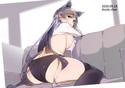 Rule 34 | 1girl, animal ears, artist name, ass, atago (azur lane), azur lane, black hair, black panties, black thighhighs, breasts, butt crack, commentary request, couch, dated, from behind, indoors, large breasts, long hair, looking at viewer, mole, mole under eye, on couch, panties, sitting, sketch, solo, tabata hisayuki, thighhighs, underwear, wariza, wolf ears, yellow eyes