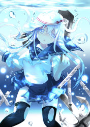 Rule 34 | 10s, 1girl, asphyxiation, bubble, drowning, hat, hibiki (kancolle), hinayuki usa, kantai collection, looking at viewer, open mouth, school uniform, serafuku, silver hair, sinking, skirt, solo, thighhighs, torn clothes, torn thighhighs, underwater, verniy (kancolle), wet, wet clothes, zettai ryouiki