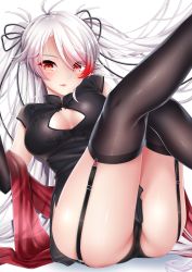 Rule 34 | 1girl, antenna hair, ass, azur lane, black dress, black gloves, black panties, black thighhighs, blush, breasts, china dress, chinese clothes, cleavage cutout, closed mouth, clothing cutout, commentary request, dress, elbow gloves, eyes visible through hair, garter straps, gloves, hair between eyes, highres, large breasts, long hair, looking at viewer, multicolored hair, panties, prinz eugen (azur lane), red eyes, red hair, side slit, silver hair, simple background, smile, solo, streaked hair, swept bangs, thighhighs, thighs, touwa iyo, two side up, underwear, very long hair, white background