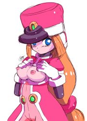 Rule 34 | 1girl, absurdres, blonde hair, blue eyes, blush, bodysuit, breasts, capcom, coat, covered erect nipples, framed breasts, gloves, hair ornament, hat, highres, large breasts, long hair, looking at viewer, looking to the side, low-tied long hair, nipples, prairie (mega man), puffy short sleeves, puffy sleeves, mega man (series), mega man zx, shako cap, short sleeves, shoutaro saito, sidelocks, signature, simple background, solo, third-party edit, very long hair, white background, white gloves