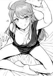 Rule 34 | 1girl, ahoge, arm support, arm up, barefoot, blush, breasts, cellphone, cleavage, collarbone, from above, greyscale, heart, holding, holding phone, idolmaster, idolmaster million live!, idolmaster million live! theater days, indian style, large breasts, long hair, looking at another, monochrome, phone, selfie, shirt, single bare shoulder, single off shoulder, sitting, smartphone, smile, solo, strap slip, sweatdrop, swept bangs, tokoro megumi, tongue, tongue out, tsurui