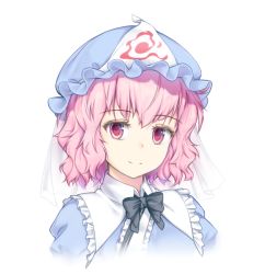 Rule 34 | 1girl, alternate hair length, alternate hairstyle, black bow, black bowtie, blue dress, blue hat, bow, bowtie, center frills, commentary request, cropped torso, dress, frilled shirt collar, frills, hat, looking at viewer, mob cap, pink eyes, pink hair, saigyouji yuyuko, short hair, simple background, smile, solo, touhou, triangular headpiece, upper body, veil, white background, yuriniel