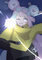 Rule 34 | 1girl, bow-shaped hair, character hair ornament, commentary request, creatures (company), f (hxsv2257), game freak, green hair, grin, hair ornament, highres, iono (pokemon), jacket, looking at viewer, multicolored hair, nintendo, one eye closed, pink hair, pokemon, pokemon sv, sleeves past fingers, sleeves past wrists, smile, solo, star (symbol), star print, teeth, two-tone hair, yellow jacket
