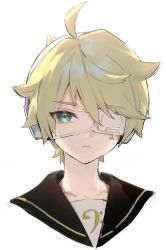 Rule 34 | 1boy, aqua eyes, bass clef, black collar, blonde hair, collar, commentary, cropped shoulders, expressionless, eyepatch, half-closed eyes, headphones, kagamine len, looking at viewer, male focus, naoko (naonocoto), portrait, sailor collar, solo, spiked hair, vocaloid, white background