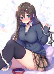Rule 34 | 1girl, ayuma sayu, black cardigan, black choker, black thighhighs, blush, breasts, brown hair, brown skirt, buttons, cardigan, choker, closed mouth, collarbone, collared shirt, commentary request, cuffs, green eyes, hair between eyes, hand up, handcuffs, heart, heart-shaped pupils, knee up, large breasts, leash, long hair, long sleeves, looking at viewer, miniskirt, nose blush, original, panties, panties around leg, parted lips, plaid, plaid skirt, pleated skirt, railing, restrained, school uniform, shirt, sidelocks, sitting, skirt, sleeves past wrists, solo, symbol-shaped pupils, thighhighs, underwear, white panties, white shirt