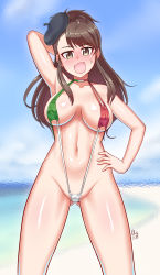 Rule 34 | 10s, 1girl, absurdres, amaretto (girls und panzer), beach, blush, breasts, brown eyes, brown hair, day, extra, female focus, girls und panzer, groin, hat, highres, kaiduka akuta, large breasts, looking at viewer, navel, ocean, open mouth, smile, solo, sweat, sweatdrop, swimsuit, thighs
