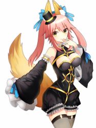 Rule 34 | 10s, 1girl, animal ears, ashiwara yuu, bare shoulders, breasts, cleavage, detached sleeves, fate/extra, fate/extra ccc, fate (series), fox ears, fox tail, hand to own mouth, hat, mini hat, mini top hat, official alternate costume, pink hair, solo, tail, tamamo no mae (fate/extra), tamamo no mae (sable mage) (fate), thighhighs, top hat, white background, yellow eyes