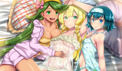 Rule 34 | 3girls, :d, arched back, arm up, armpits, babydoll, bare legs, bare shoulders, blonde hair, blue eyes, blue hair, braid, breast press, breasts, bright pupils, camisole, cleavage, closed mouth, collarbone, creatures (company), dark-skinned female, dark skin, game freak, green eyes, green hair, hair down, hairband, hand on another&#039;s stomach, hand on own chest, hand up, highres, hood, hood down, hoodie, lana (pokemon), lillie (pokemon), long hair, long sleeves, looking at viewer, lying, mallow (pokemon), medium breasts, multiple girls, nintendo, on back, on side, open clothes, open hoodie, open mouth, out of frame, panties, pillow, pokemon, pokemon sm, see-through, short hair, shorts, side-by-side, side braid, small breasts, smile, swept bangs, takecha, teeth, trial captain, twin braids, twisted torso, underwear, upper body, upper teeth only, very long hair