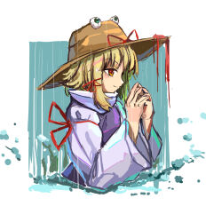 Rule 34 | 1girl, blonde hair, commentary, english commentary, from side, hair ribbon, hat, hat ribbon, highres, long sleeves, moriya suwako, own hands clasped, own hands together, parted bangs, partially submerged, purple vest, rain, red ribbon, ribbon, shirt, short hair, sketch, smirk, touhou, turtleneck, vanilla flan, vest, water drop, white shirt, wide sleeves, yellow eyes