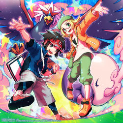 Rule 34 | 1boy, 1girl, bianca (pokemon), black bow, blonde hair, bow, braviary, capri pants, clenched hand, commentary, creatures (company), dated, english commentary, footwear bow, from below, game freak, gen 5 pokemon, glasses, green headwear, green pants, grey pants, hat, highres, jacket, long sleeves, meimaru inuchiyo, musharna, nate (pokemon), nintendo, official art, open mouth, orange footwear, outstretched arms, pants, pokemon, pokemon (creature), pokemon bw2, pokemon masters ex, red-framed eyewear, red headwear, semi-rimless eyewear, shoes, short sleeves, smile, spread fingers, star (symbol), teeth, tongue, visor cap, watermark, zipper pull tab