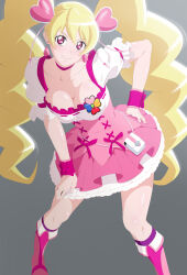 Rule 34 | 1girl, blonde hair, boots, breasts, choker, cleavage, closed mouth, collarbone, cure peach, earrings, fresh precure!, fuchi (nightmare), hair ornament, hand on own hip, heart, heart earrings, heart hair ornament, highres, jewelry, knee boots, large breasts, long hair, looking at viewer, magical girl, momozono love, pink choker, pink eyes, pink footwear, pink skirt, pink wrist cuffs, precure, puffy short sleeves, puffy sleeves, short sleeves, skirt, smile, solo, standing, wrist cuffs