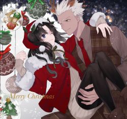 Rule 34 | 1boy, 1girl, alternate costume, animal ears, antlers, archer (fate), artist request, bad id, bad twitter id, black hair, blue eyes, box, brown eyes, brown shirt, buttons, carrying, christmas, christmas ornaments, christmas tree, closed mouth, commentary request, dark-skinned male, dark skin, deer ears, english text, fake animal ears, fate/stay night, fate (series), fur-trimmed headwear, fur-trimmed jacket, fur-trimmed sleeves, fur trim, gift, gift box, green ribbon, hand on another&#039;s shoulder, hat, highres, horns, jacket, lips, long hair, long sleeves, looking at another, merry christmas, multicolored ribbon, necktie, one eye closed, pantyhose, princess carry, red headwear, red jacket, red neckwear, red ribbon, reindeer antlers, ribbed sweater, ribbon, santa costume, shirt, short hair, smile, snowflakes, snowman, sweater, thighhighs, tohsaka rin, two side up, white hair