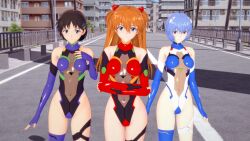 Rule 34 | 3girls, adapted costume, alternate breast size, alternate costume, artist request, ayanami rei, bare shoulders, black hair, boots, breasts, city, cosplay, covered navel, crossed arms, elbow gloves, genderswap, genderswap (mtf), gloves, hair ornament, hairclip, high ponytail, highleg, highleg leotard, ikari shinji, leotard, long hair, looking at viewer, makeup, medium breasts, multiple girls, neon genesis evangelion, red leotard, revealing clothes, road, see-through, see-through leotard, shiny skin, short hair, smile, souryuu asuka langley, standing, street, taimanin (series), taimanin suit, teamwork, thigh boots, twintails, two side up, very long hair, white leotard, wide hips