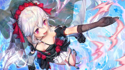 Rule 34 | 1girl, alternate costume, arm garter, azur lane, bare shoulders, bat (animal), black dress, black gloves, black thighhighs, blush, bow, breasts, bridal veil, chain, chromatic aberration, cleavage, cleavage cutout, clothing cutout, collarbone, dress, dress bow, elbow gloves, fang, fang out, floating hair, flower, from above, from below, gloves, gorgeous mushroom, hair between eyes, hair ornament, hair ribbon, highres, jewelry, light particles, long hair, looking afar, motion blur, open mouth, petals, red eyes, ribbon, rigging, ring, rose, sidelocks, silver hair, silver wings, small breasts, smile, solo, standing, thighhighs, tiara, torpedo launcher, twintails, underwear, vampire (azur lane), veil, very long hair, wind, window, wings