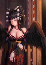 Rule 34 | 1girl, bare shoulders, black hair, blunt bangs, breasts, cleavage, dead or alive, dead or alive 5, japanese clothes, large breasts, nyotengu, shoron, smile, solo, wings