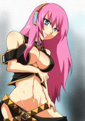 Rule 34 | 1girl, adapted costume, armband, bare shoulders, belt, blue eyes, blush, breast hold, breasts, brooch, center opening, cleavage, female focus, gem, groin, headphones, headset, jewelry, large breasts, long hair, looking at viewer, megurine luka, midriff, multiple belts, navel, nishida megane, no panties, pink hair, revealing clothes, blue gemstone, smile, solo, standing, thighhighs, vocaloid