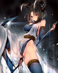 1girl black_hair blue_leotard blue_sleeves blue_thighhighs breasts closed_mouth detached_sleeves gold_collar gold_trim holding holding_scythe holding_weapon horns leotard looking_at_viewer oro_(sumakaita) robe rurufon scythe shadow_tower short_hair smile solo thighhighs weapon white_robe