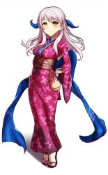 Rule 34 | 1girl, animal print, arms behind back, blue bow, blush, bow, butterfly print, commentary, english commentary, fire emblem, fire emblem: radiant dawn, hair ribbon, half updo, highres, japanese clothes, kimono, long hair, long sleeves, micaiah (fire emblem), nintendo, obi, official alternate costume, revenantart, ribbon, sandals, sash, silver hair, simple background, smile, solo, white background, wide sleeves, yellow eyes, yukata