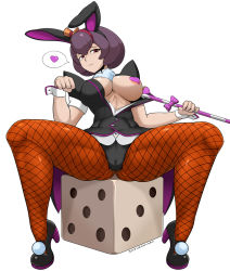 Rule 34 | 1girl, :3, ace attorney, animal ears, areola slip, ass, black footwear, bonny de famme, breasts, brown pantyhose, cameltoe, candy, candy cane, clothes pull, dice, fake animal ears, fishnet pantyhose, fishnets, food, formal, full body, hat, heart, heart pasties, high heels, highres, leotard, looking at viewer, magician, mary janes, mini hat, mini top hat, orange hat, pantyhose, pasties, phoenix wright: ace attorney - spirit of justice, playboy bunny, presenting, pulling clothes, purple hair, rabbit ears, red eyes, safurantora, shirt, shoes, short hair, smile, solo, spoken heart, suit, top hat, undressing, wrist cuffs