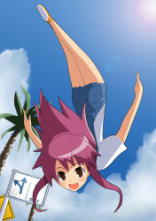 Rule 34 | 00s, 1girl, blush, brown eyes, cloud, happy, imaizumi teruhiko, kaleido star, naegino sora, open mouth, outdoors, overalls, palm tree, purple hair, road sign, short hair, sign, sky, smile, solo, somersault, tree, upside-down, yield sign