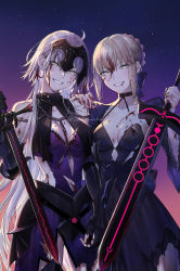 Rule 34 | 2girls, ahoge, artoria pendragon (all), artoria pendragon (fate), blonde hair, blood, blood on chest, blood on clothes, blood on face, braid, breasts, dress, excalibur morgan (fate), fate/grand order, fate/stay night, fate (series), french braid, hair ornament, hand on another&#039;s shoulder, highres, holding, holding sword, holding weapon, jeanne d&#039;arc alter (avenger) (fate), jeanne d&#039;arc alter (avenger) (third ascension) (fate), jeanne d&#039;arc alter (fate), long hair, looking at viewer, medium breasts, multiple girls, nipi27, reverse grip, saber alter, short hair, smile, sword, torn clothes, weapon, yellow eyes