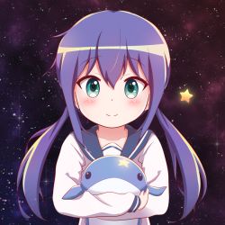 Rule 34 | 1girl, blue sailor collar, blush, closed mouth, collarbone, commentary request, goth risuto, green eyes, hair between eyes, hugging object, koisuru asteroid, long hair, long sleeves, looking at viewer, manaka ao, purple hair, sailor collar, school uniform, serafuku, shirt, smile, solo, star (sky), star (symbol), stuffed animal, stuffed toy, stuffed whale, twintails, upper body, white shirt