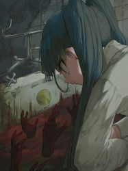Rule 34 | 1girl, absurdres, bathroom, bathtub, blood, blood on hands, chokopi, collared shirt, disembodied hand, faucet, highres, horror (theme), indoors, long hair, long sleeves, original, parted lips, shirt, sink, twintails, white shirt