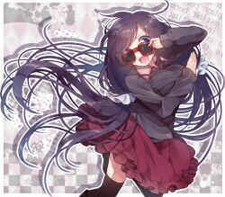 Rule 34 | 1girl, adjusting eyewear, argyle, argyle background, arm across chest, arm under breasts, black hair, black shirt, black sleeves, black thighhighs, blue eyes, border, breasts, checkered background, circle skirt, collar, collared shirt, commentary request, cowboy shot, drop shadow, frilled skirt, frills, grey background, hand on eyewear, hatena heartbeat, large breasts, long hair, long sleeves, looking at viewer, love live!, miniskirt, open mouth, outline, outside border, pink background, pink collar, red-framed eyewear, red skirt, shirt, simple background, skirt, sleeves past wrists, smile, solo, sunglasses, thighhighs, tojo nozomi, two-tone background, usamata, v-shaped eyebrows, very long hair, white border, white outline