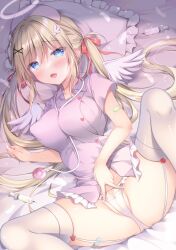 Rule 34 | 1girl, angel, angel wings, bandaid, bandaid on arm, bandaid on thigh, between breasts, blonde hair, blue eyes, blush, breasts, cleft of venus, commentary request, dress, garter straps, hair between eyes, hair ornament, hair ribbon, halo, hat, highres, large breasts, looking at viewer, lying, nurse, nurse cap, on back, on bed, open mouth, original, panties, partially visible vulva, pillow, pointy breasts, purple dress, ribbon, short sleeves, smile, solo, spread legs, stethoscope, thighhighs, thighs, underwear, watagashi yui, white panties, white thighhighs, winged hair ornament, wings, x hair ornament