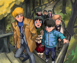Rule 34 | 1girl, 6+boys, almondpiglet, black eyes, black hair, blonde hair, blue coat, blue scarf, brown coat, character request, closed mouth, coat, commentary, english commentary, forest, green scarf, grey pants, highres, inugawa mameta, kageyama shigeo, kurata tome, long sleeves, mob psycho 100, multiple boys, nature, open mouth, outdoors, painterly, pants, reigen arataka, scarf, shoes, short hair, smile, stairs, tree, walking