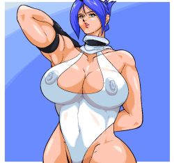 Rule 34 | 1girl, aliasing, arika, arm behind back, arm strap, arm up, armband, armpits, bare shoulders, blair dame, blue background, blue eyes, blue hair, breasts, capcom, choker, cleavage, cleavage cutout, clothing cutout, collar, collarbone, covered erect nipples, covered navel, detached collar, fingerless gloves, gloves, gradient background, green eyes, hair up, hand on own hip, highleg, highleg leotard, hip focus, huge breasts, impossible clothes, impossible leotard, large breasts, leotard, lips, lipstick, makeup, matching hair/eyes, nipples, parted lips, puffy nipples, see-through, short hair, simple background, skin tight, smile, solo, street fighter, street fighter ex (series), thighhighs, wide hips