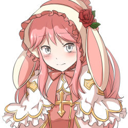 Rule 34 | 1girl, animal ears, arch bishop (ragnarok online), blush, bonnet, bow, bowtie, breasts, cleavage cutout, closed mouth, clothing cutout, commentary request, cross, dress, floppy ears, flower, frilled dress, frills, grey eyes, long hair, looking at viewer, natsuya (kuttuki), official alternate costume, pink bow, pink bowtie, pink hair, rabbit ears, ragnarok online, red flower, rose, simple background, small breasts, solo, two-tone dress, upper body, white background, white dress
