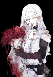 Rule 34 | 1boy, belt, black background, black belt, black gloves, blood, blood on clothes, blood on gloves, blood on hands, blood on mask, bouquet, cowboy shot, cowl, elbow gloves, elden ring, finger to mouth, flower, gloves, hand up, highres, holding, holding bouquet, hood, hood up, long sleeves, looking at viewer, male focus, maou skun, mask, pouch, red flower, shushing, simple background, solo, tabard, white-faced varre, white hood, white mask