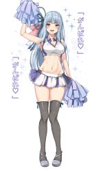 Rule 34 | 1girl, absurdres, amagi (amagi626), arm up, bare shoulders, blue hair, blue ribbon, blunt bangs, breasts, cheerleader, collared crop top, collared shirt, crop top, full body, groin, hair ribbon, highres, holding, holding pom poms, kotonoha aoi, long hair, midriff, miniskirt, navel, open mouth, pom pom (cheerleading), pom poms, red eyes, ribbon, shirt, shoes, sidelocks, simple background, skirt, smile, solo, sparkle, teeth, thighhighs, translation request, upper teeth only, voiceroid, white background