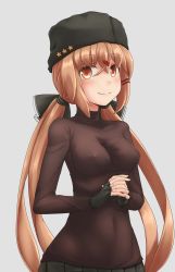 Rule 34 | 1girl, black bow, black gloves, black hat, bow, breasts, brown eyes, brown hair, brown shirt, fingerless gloves, fur hat, gloves, hair between eyes, hair bow, hair ornament, hairclip, hat, highres, kantai collection, kyou (tr-6), long hair, looking at viewer, papakha, shirt, skirt, smile, solo, tashkent (kancolle), twintails