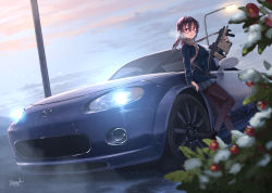 Rule 34 | 1girl, absurdres, artist name, black pantyhose, blue coat, blue skirt, blurry, blurry foreground, breath, brown-framed eyewear, car, cloud, cloudy sky, coat, commentary request, commission, depth of field, dreadtie, dutch angle, eunos roadster, glasses, gun, highres, holding, holding gun, holding weapon, logo, long sleeves, makino chizuru, mazda, mazda mx-5, mazda mx-5 nc, medium hair, miniskirt, motor vehicle, original, outdoors, pantyhose, parted lips, partial commentary, pleated skirt, ponytail, scarf, school uniform, semi-rimless eyewear, signature, skeb commission, skirt, sky, solo, standing, standing on one leg, twilight, under-rim eyewear, vehicle focus, weapon, weapon request